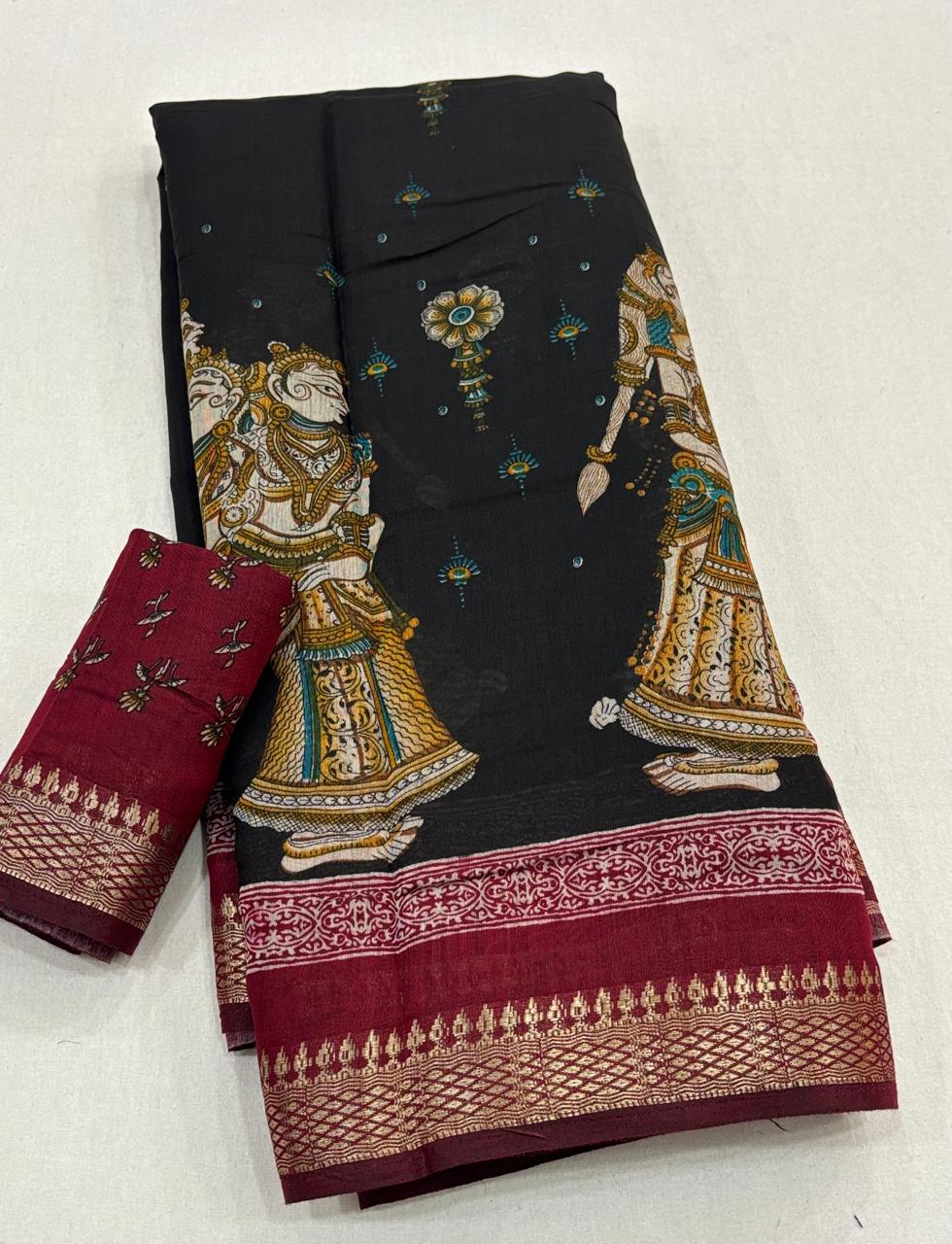 Premium Maheshwari Silk Saree with Kalamkari Printed Pallu and Zari Woven Border